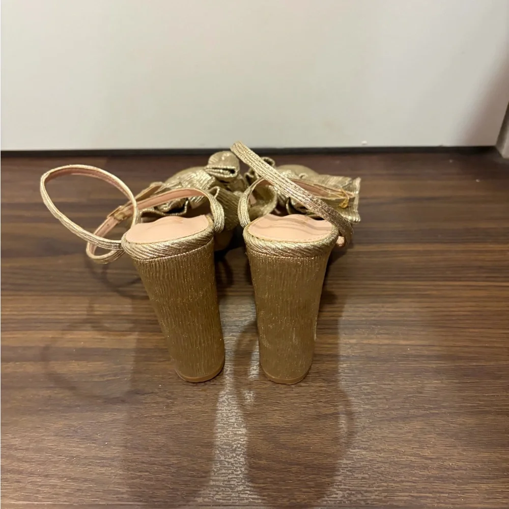 Lulus Lilsa Gold Metallic Bow Platform Ankle Strap Heels - Picture 4 of 6